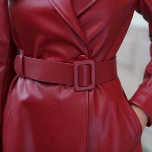 NOORA Midi Coat | Midi Coat Women, Leather Coat Women, Leather Trench Coat, Coat With Pockets, RED Leather Coat SJ535