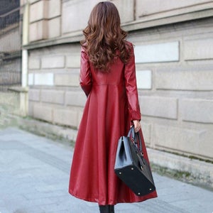 NOORA Midi Coat | Midi Coat Women, Leather Coat Women, Leather Trench Coat, Coat With Pockets, RED Leather Coat SJ535