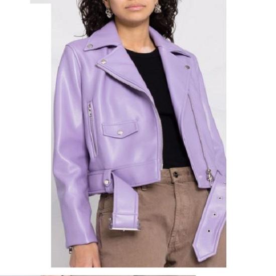 Noora Real Women's Biker Jacket with Zipper, Lavender Lambskin Leather Jacket, Western Style Party Wear Jacket