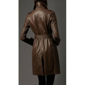 NOORA New Stylish Lambaskin Soft Leather Women Brown Genuine Leather Trench Coat, designer trech coat SJ370