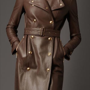 NOORA New Stylish Lambaskin Soft Leather Women Brown Genuine Leather Trench Coat, designer trech coat SJ370