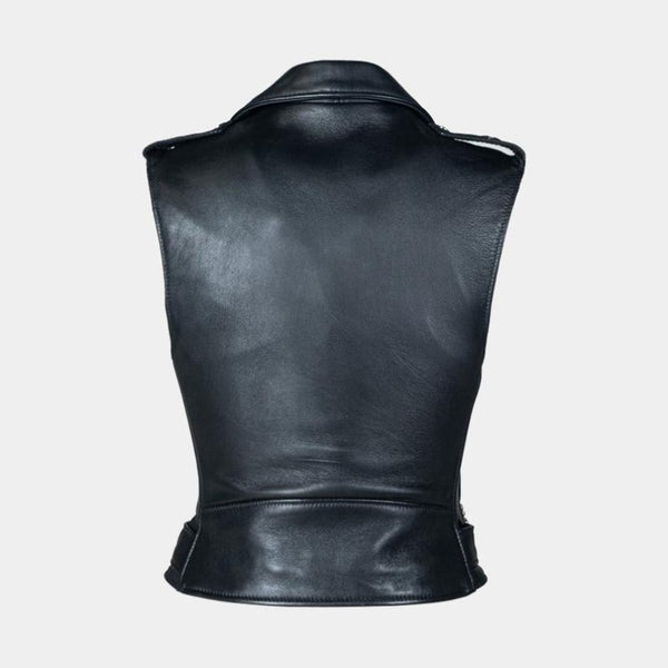 Noora New Womens Lambskin Black Leather Vest Coat With Zipper, Designer Biker Belted Coat, Retro Style Jacket YK0236