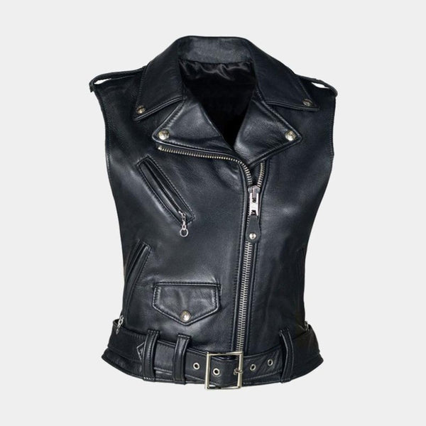 Noora New Womens Lambskin Black Leather Vest Coat With Zipper, Designer Biker Belted Coat, Retro Style Jacket YK0236