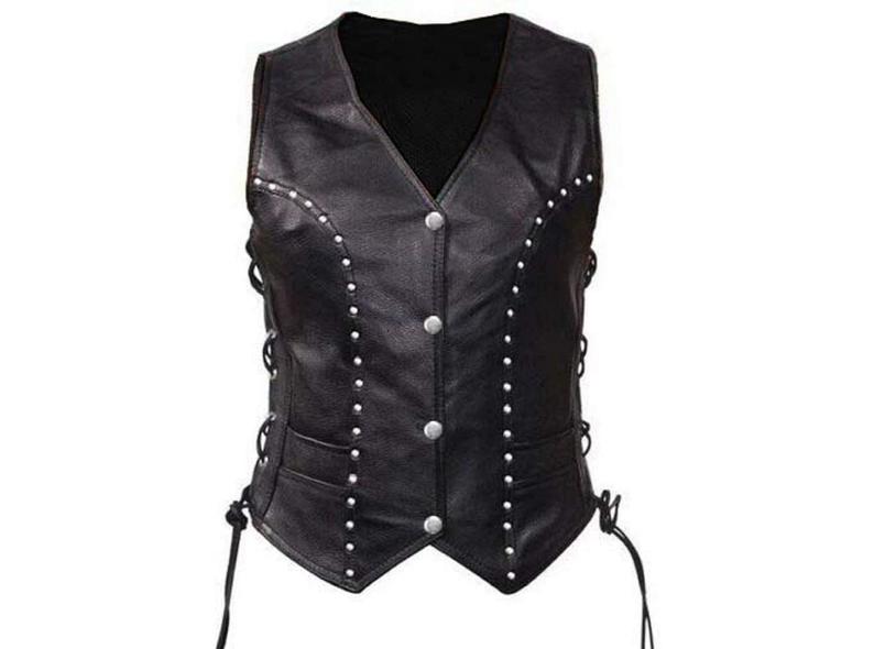 Noora New Womens Lambskin Black Leather Vest Coat With Studded | Braided Designer Biker Coat YK0238