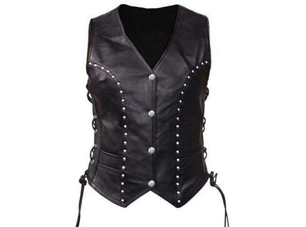 Noora New Womens Lambskin Black Leather Vest Coat With Studded | Braided Designer Biker Coat YK0238
