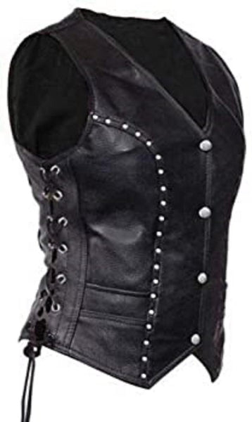 Noora New Womens Lambskin Black Leather Vest Coat With Studded | Braided Designer Biker Coat YK0238