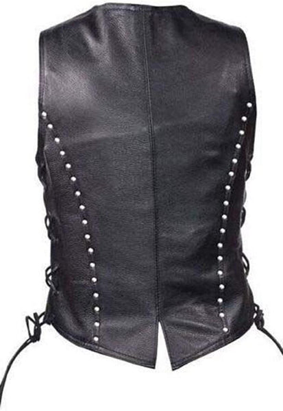 Noora New Womens Lambskin Black Leather Vest Coat With Studded | Braided Designer Biker Coat YK0238
