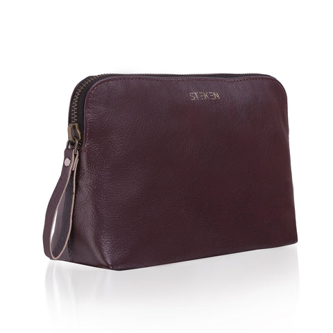 Noora Stylish Maroon Leather Unisex Travel Pouch With One main compartment & One zip pocket