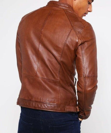 Noora Mens Customized Handcrafted Genuine Lambskin Vintage Leather Jacket Tan Slim fit Motorcycle Biker Racer Retro style BS10