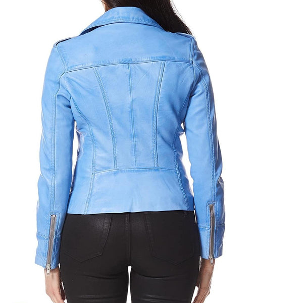 Noora Women's Lambskin Leather Light Blue Leather Jacket Stylish Biker Motorcycle Jacket | Zipper Jacket With Pocket