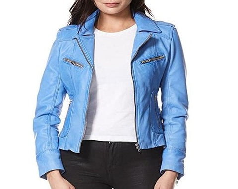 Noora Women's Lambskin Leather Light Blue Leather Jacket Stylish Biker Motorcycle Jacket | Zipper Jacket With Pocket