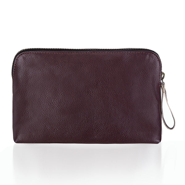 Noora Stylish Maroon Leather Unisex Travel Pouch With One main compartment & One zip pocket