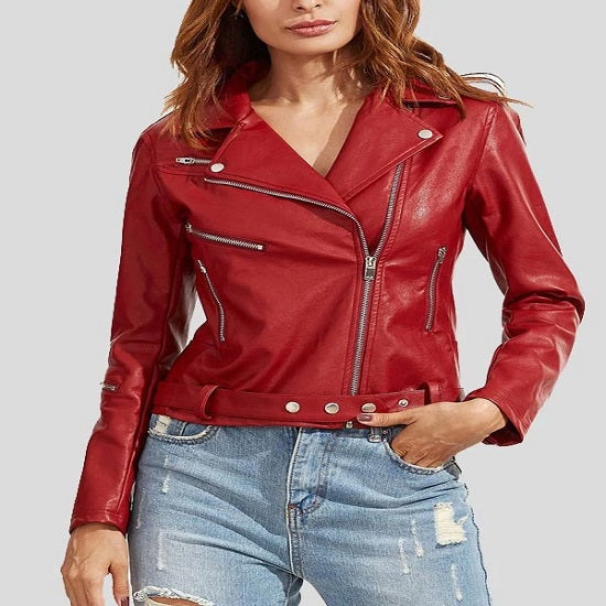 NOORA Women's Lambskin Leather Red Biker Jacket | Handmade Jacket With Zipper - SK 06
