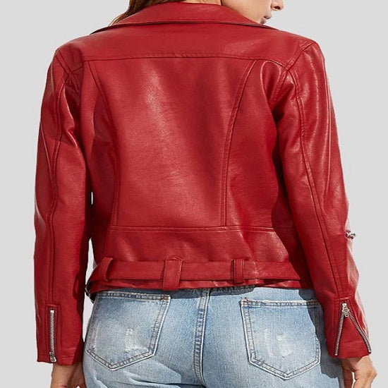 NOORA Women's Lambskin Leather Red Biker Jacket | Handmade Jacket With Zipper - SK 06