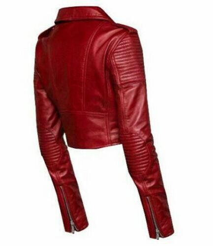 Noora Womens Leather Cropped Biker Style Jacket, Red Belted Jacket, Party Wear Jacket, Celebrity Jacket SK16