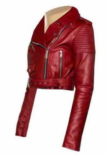 Noora Womens Leather Cropped Biker Style Jacket, Red Belted Jacket, Party Wear Jacket, Celebrity Jacket SK16