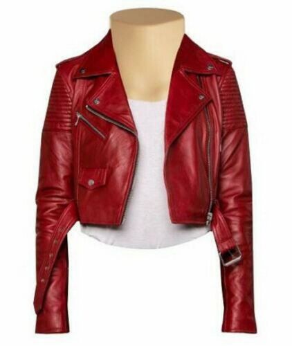 Noora Womens Leather Cropped Biker Style Jacket, Red Belted Jacket, Party Wear Jacket, Celebrity Jacket SK16