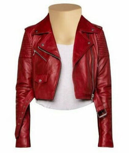 Noora Womens Leather Cropped Biker Style Jacket |RED Belted Jacket |Party Wear Jacket|Celebrity Jacket SK16