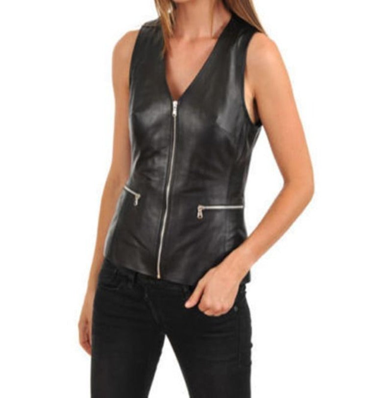 Noora Womens Black Lambskin Leather Vest Coat With  Branded YKK Zipper Closure | Black Biker Slim  Fit Leather Vest Coat SU019