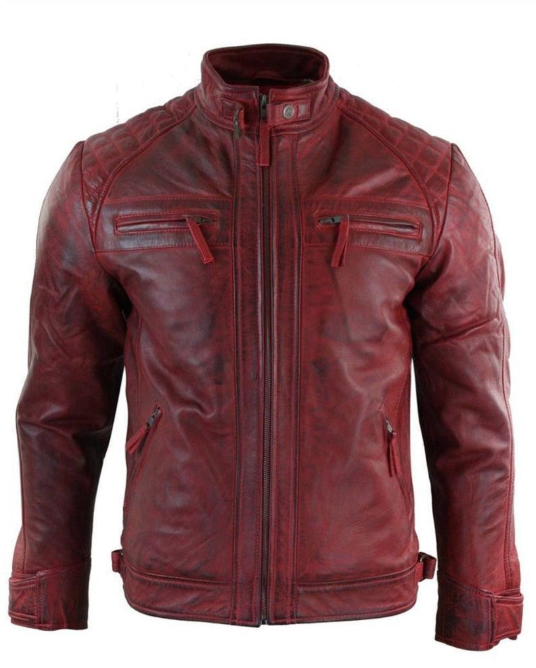 NOORA New Men's Lambskin Antique Red Leather Jacket, Moto Biker Jacket, Vintage Quilted Designer & Multi Zipper Pockets YK088