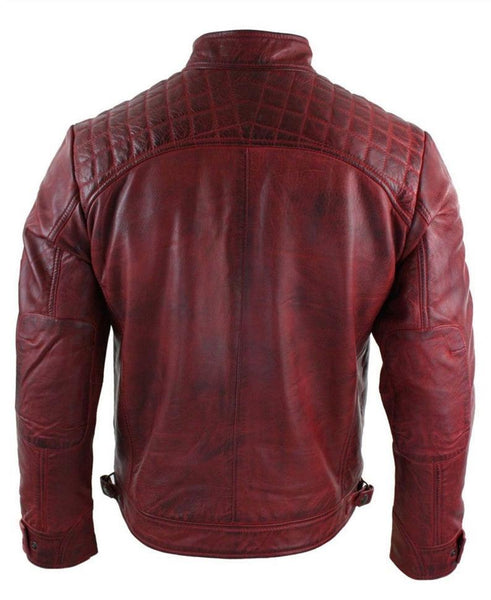 NOORA New Men's Lambskin Antique Red Leather Jacket, Moto Biker Jacket, Vintage Quilted Designer & Multi Zipper Pockets YK088