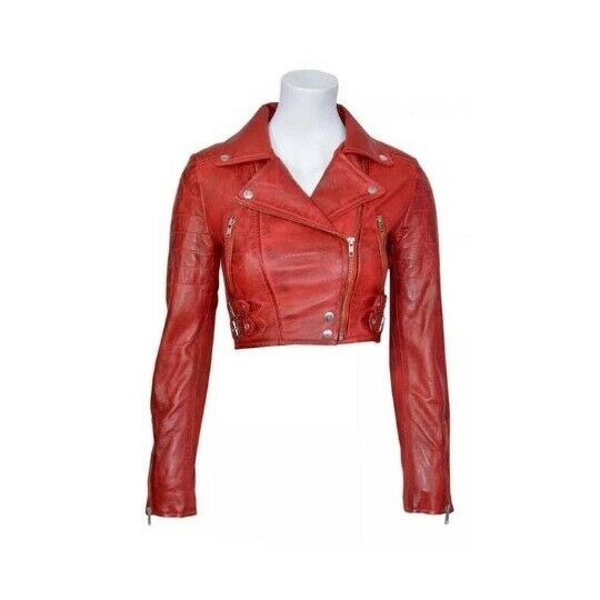 Noora Distress RED Women Leather Croppe Biker Jacket With Long Sleeve Jacket- SK160