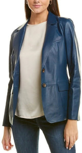 Noora Women's Blue Lambskin Leather Blazer, Office Wear Blazer, Leather Blazer For Meetings, Slim Fit Leather Blazer