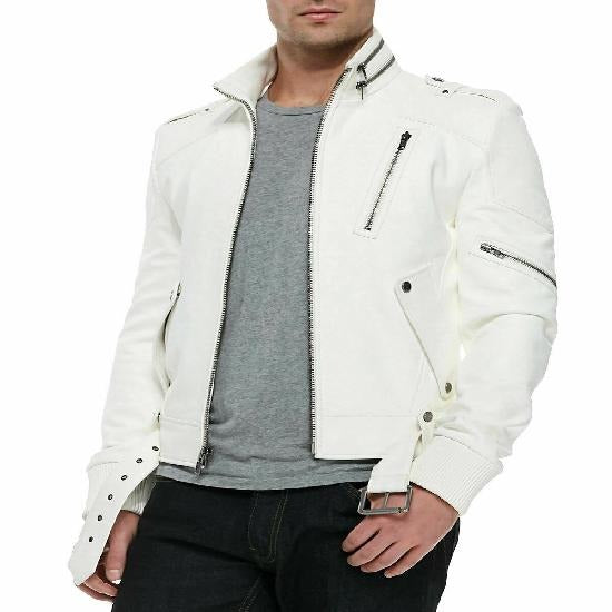 Noora Men's White Leather Jacket, Bomber Style Leather Jacket, Motorcycle Slim Fit Jacket, Western Party Wear Jacket