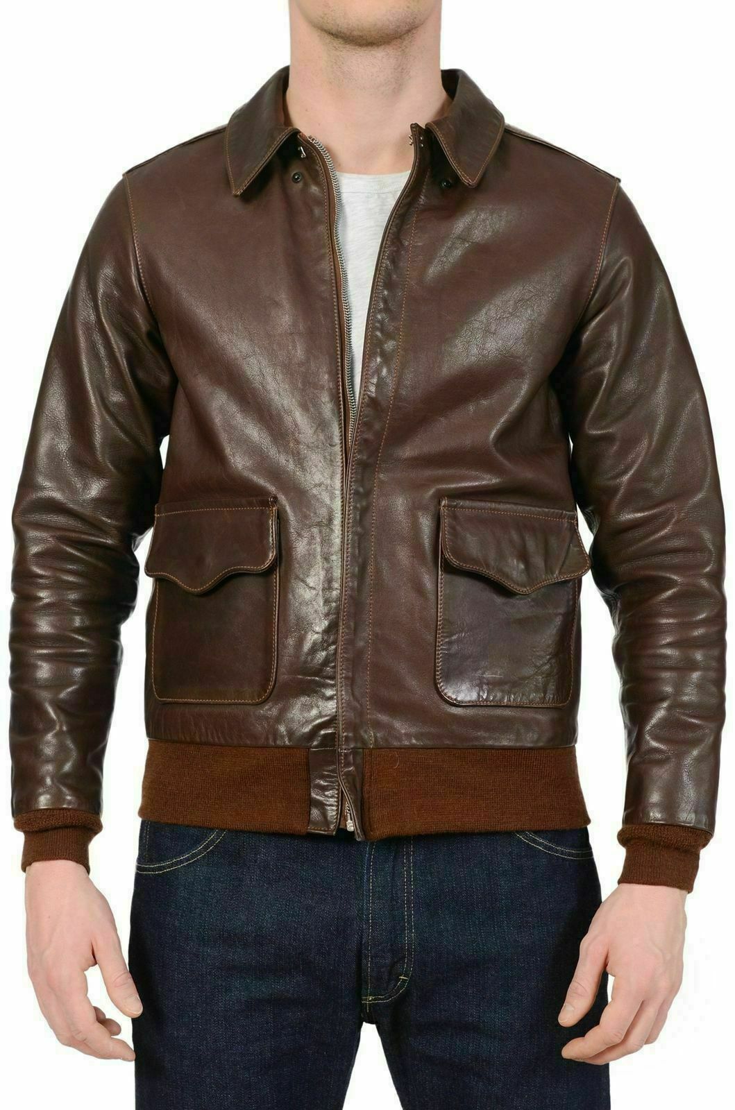 Noora Mens Dark Brown Bomber Leather Jacket | Dark Brown Aviator Leather Jacket With Zipper Closure |  Brown Rib Leather Jacket SU0177