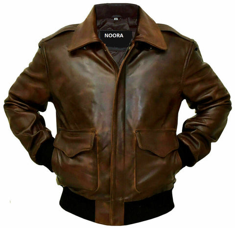 NOORA Mens Dark Brown Lambskin  Antique Two Tone Vintage Leather Black Bomber Jacket | Zipper & Pocket | JS14