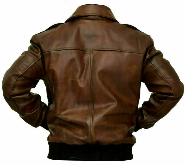 NOORA Mens Dark Brown Lambskin  Antique Two Tone Vintage Leather Black Bomber Jacket | Zipper & Pocket | JS14