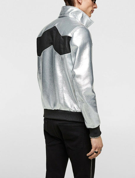 NOORA Mens Lambskin Metallic Silver & Black Leather Jacket, Bomber Biker Cafe Racer Slim Fit, Color Block Jacket YK0242