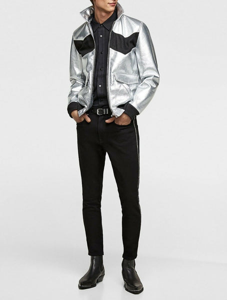 NOORA Mens Lambskin Metallic Silver & Black Leather Jacket, Bomber Biker Cafe Racer Slim Fit, Color Block Jacket YK0242