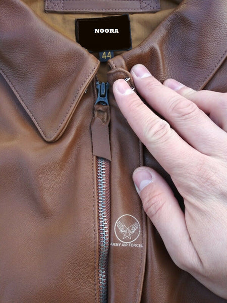 Noora Mens Brown Bomber Leather Jacket With Zipper |  Brown AVIATORS JACKET | Brown Biker Bomber Jacket SU0183