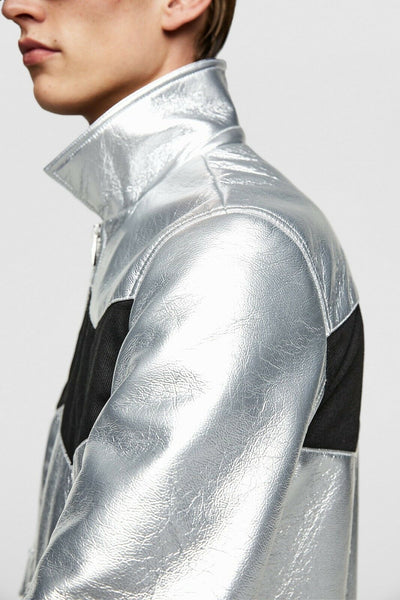 NOORA Mens Lambskin Metallic Silver & Black Leather Jacket, Bomber Biker Cafe Racer Slim Fit, Color Block Jacket YK0242