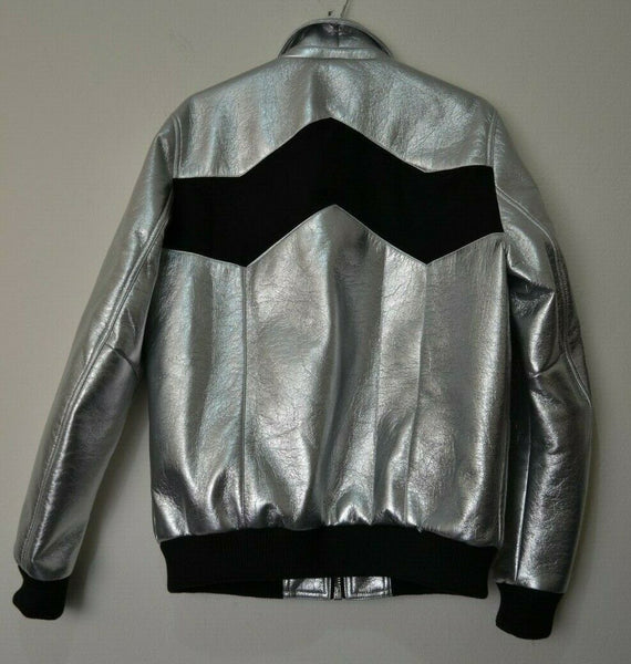 NOORA Mens Lambskin Metallic Silver & Black Leather Jacket, Bomber Biker Cafe Racer Slim Fit, Color Block Jacket YK0242