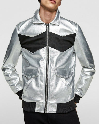 NOORA Mens Lambskin Metallic Silver & Black Leather Jacket, Bomber Biker Cafe Racer Slim Fit, Color Block Jacket YK0242