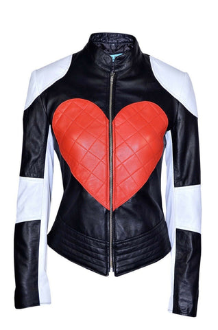 Noora Womens Black & white Lambskin Red HEART Style Jacket Motorcycle Vintage LovelyGirl PEACE SYMBOL at Back of jacket- BS05149