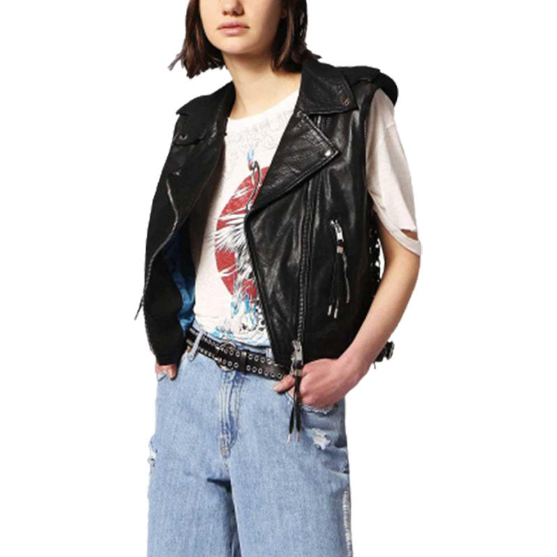 Noora New Womens Lambskin BLACK Leather Vest Coat With Sleeveless, Braided Designer Biker Coat YK0210