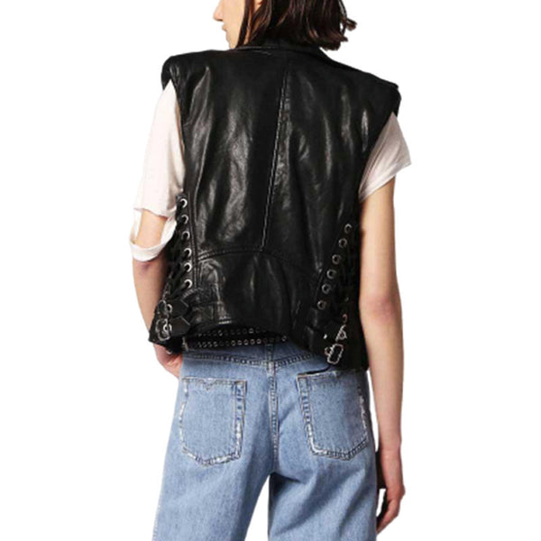 Noora New Womens Lambskin BLACK Leather Vest Coat With Sleeveless, Braided Designer Biker Coat YK0210