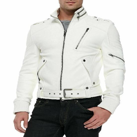 Noora Men's White Leather Jacket, Bomber Style Leather Jacket, Motorcycle Slim Fit Jacket, Western Party Wear Jacket