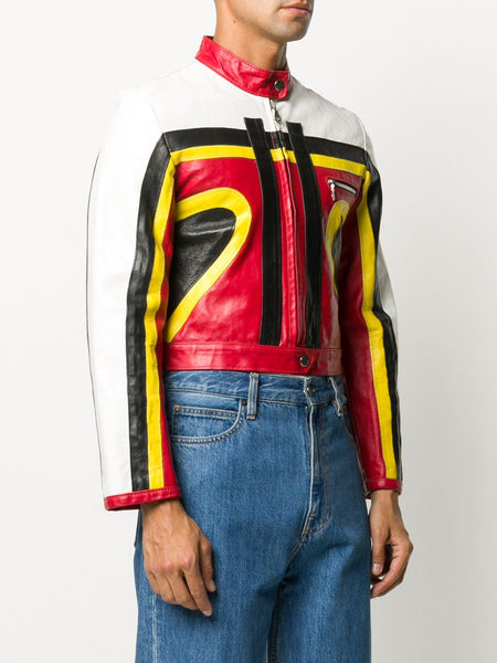Noora Men's Lambskin Red, Black, Yellow & White fit Motorcycle style Color Block Leather Jacket YK0243