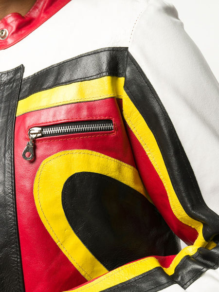 Noora Men's Lambskin Red, Black, Yellow & White fit Motorcycle style Color Block Leather Jacket YK0243