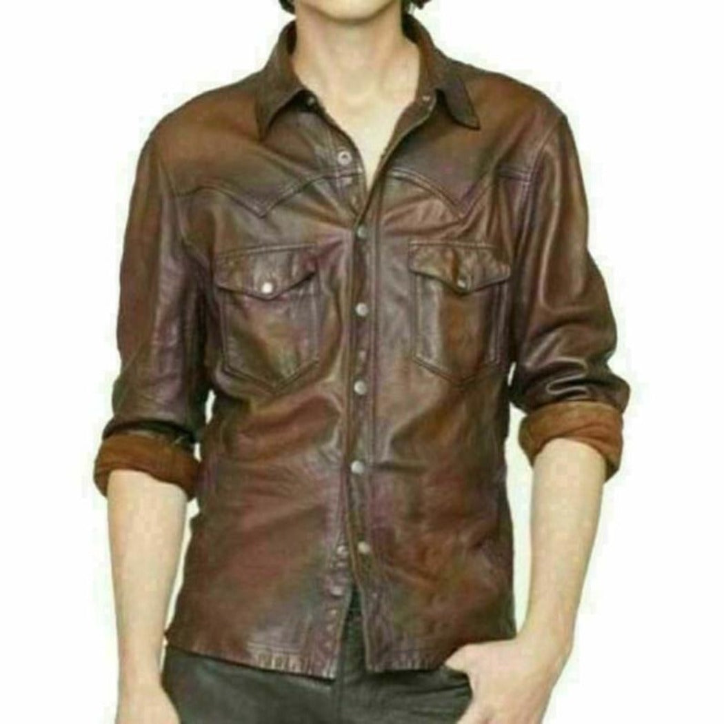 NOORA new Classic leather shirt , Brown leather, leather jacket, custom made Casual Police UNIFORM Style Slim Fit Shirt VINTAGE New SP54