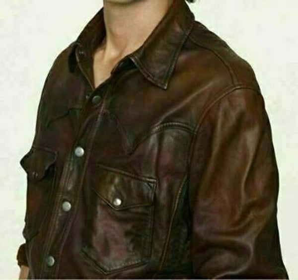 NOORA new Classic leather shirt , Brown leather, leather jacket, custom made Casual Police UNIFORM Style Slim Fit Shirt VINTAGE New SP54
