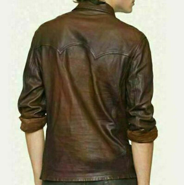NOORA new Classic leather shirt , Brown leather, leather jacket, custom made Casual Police UNIFORM Style Slim Fit Shirt VINTAGE New SP54