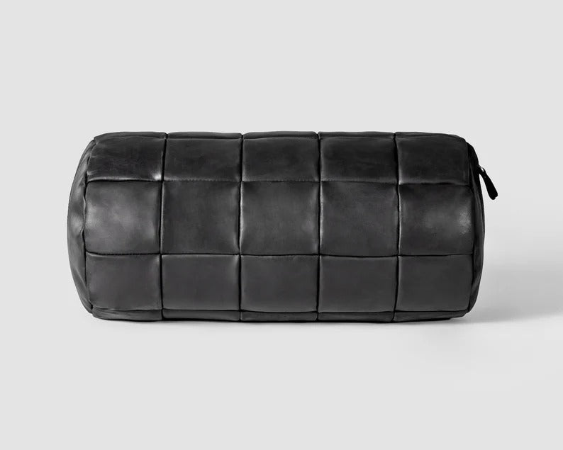 NOORA BLACK Lambskin Leather Bolster Cushion Cover|Round Patchwork Bolster Cushion Cover| Home & Living Decorative| Throw case Cover|