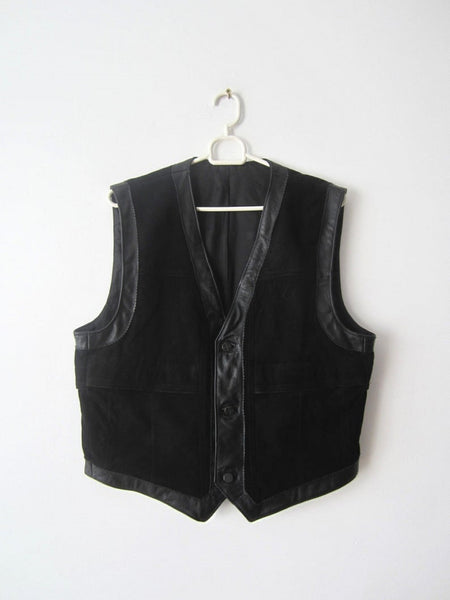 Vintage BLACK Suede Vest Coat & Genuine Black Lambskin Leather Vest Coat Button Cl - Noora International