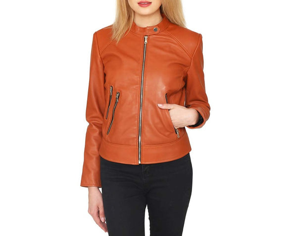 NOORA Women's Orange Lambskin Leather Jacket| Motorcycle Jacket |Stylish Party Wear Jacket| Birthday Gift For Her|