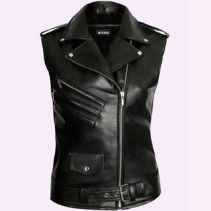 Noora New Womens Lambskin Black Leather Vest Coat With Belted, Designer Biker Sleeveless Coat YK0239